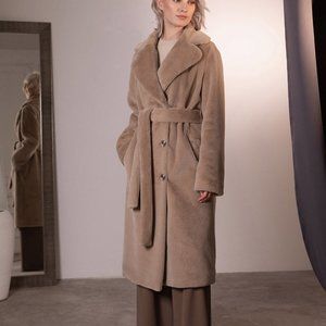 Lichi Double breasted belted faux-fur coat in coffee/beige color